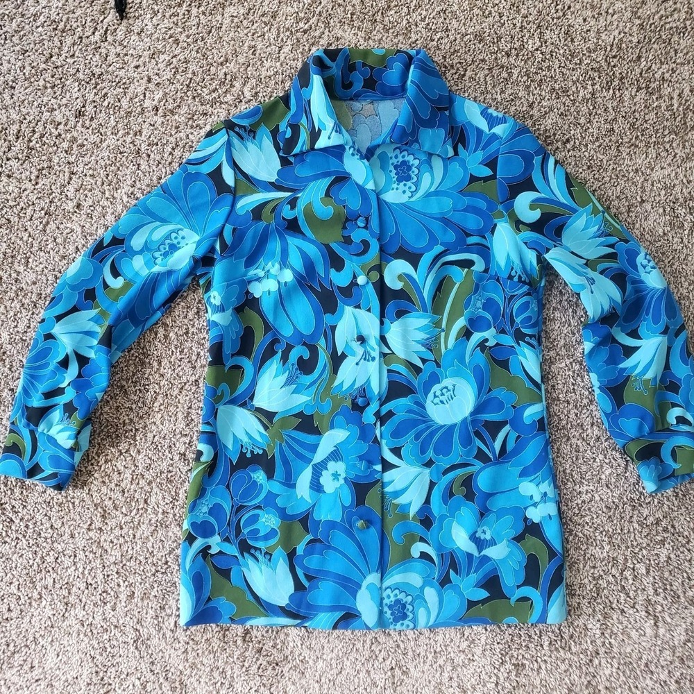 1960s 1970s Vintage Midcentury Midnight Blue Floral Button Up Blouse - Picture 5 of 8